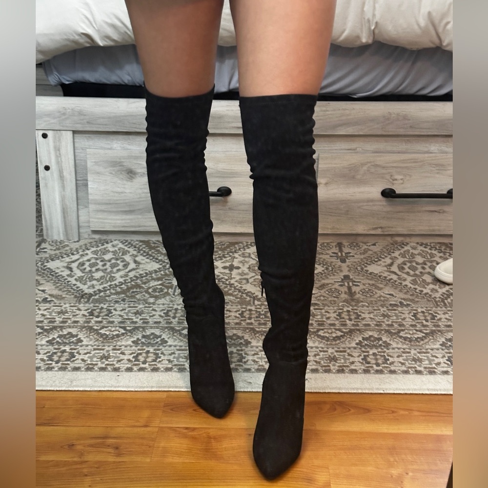 Charlotte Russe Black Over-the-Knee Boots with Metallic Heel